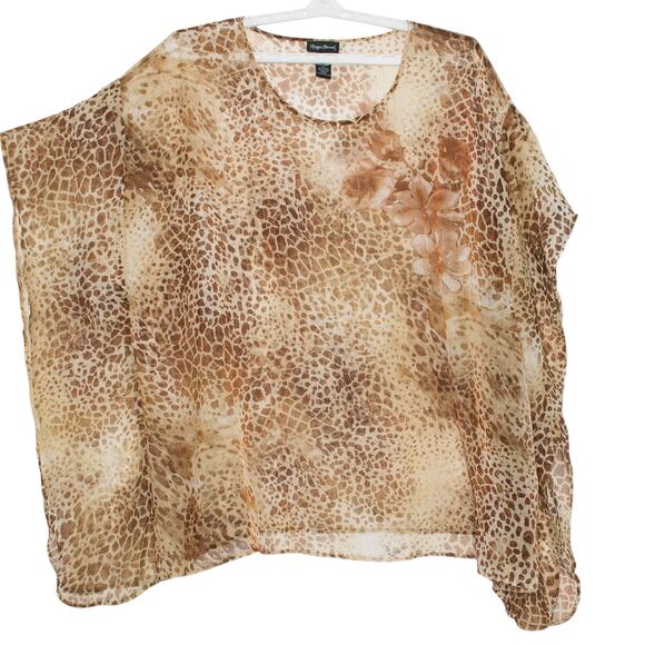 Maggie Barnes Top Sheer Animal Floral Elegant Classic Kimono Neutral Brown 3X - Picture 1 of 5